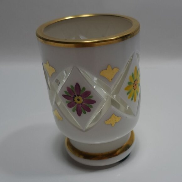 Vintage Czech Bohemian Cased Glass White Overlay Cut To Clear Floral Vase - Picture 5 of 8